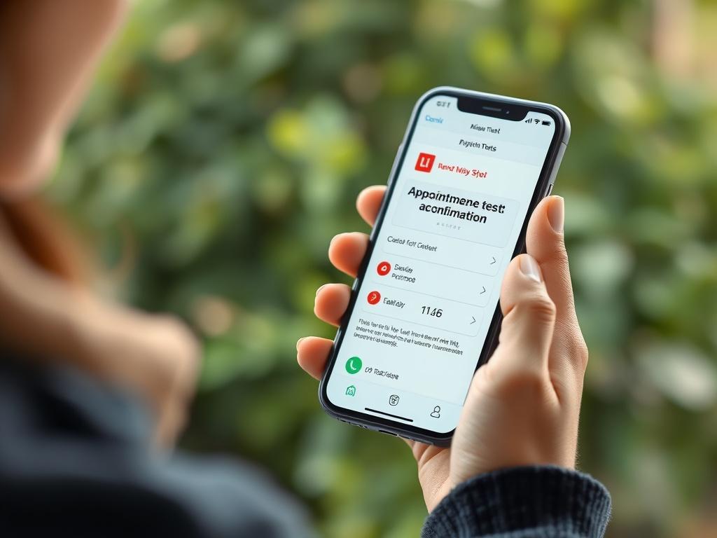 A close-up shot of a person confidently holding a driving test appointment confirmation on their smartphone, showcasing a sense of accomplishment. The background should be softly blurred, focusing on the smartphone screen displaying the appointment details. The image should have a warm and inviting atmosphere, with greenery subtly appearing in the background, matching the rgb(85, 141, 151) primary color scheme.