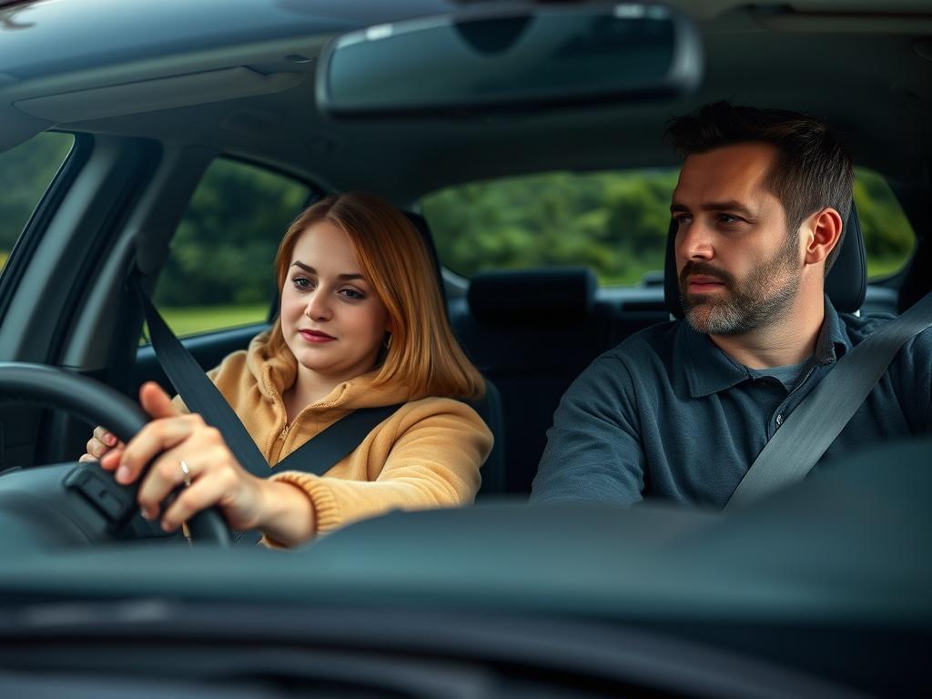 A captivating image featuring a learner driver practicing behind the wheel with an instructor in the passenger seat, both wearing seatbelts and looking focused. The setting should be a quiet driving route with greenery in the background, emphasizing a calm atmosphere conducive to learning. The image should highlight the collaboration between the learner and instructor, encapsulating a moment of growth and confidence, in line with the rgb(85, 141, 151) primary color scheme.