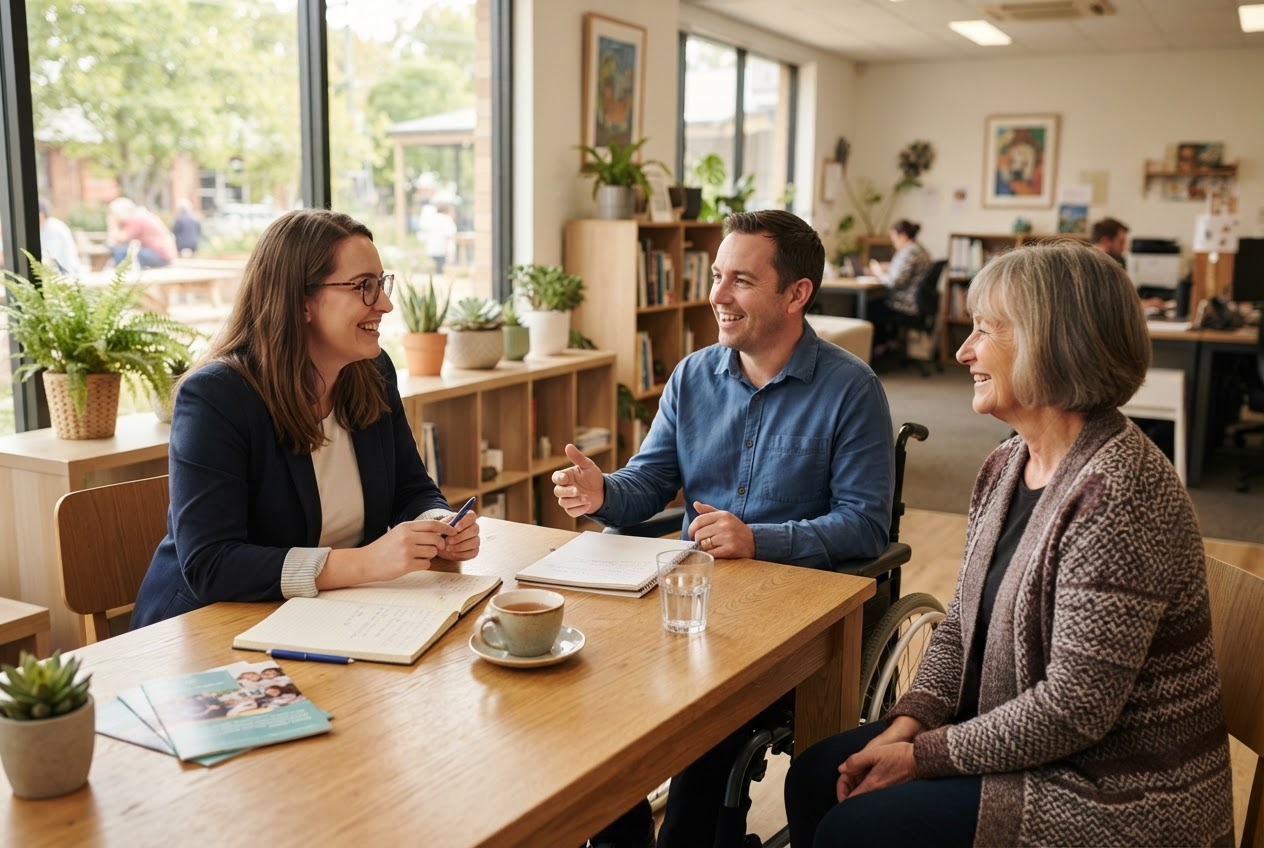 Support coordinator talking with an NDIS participant and their family member