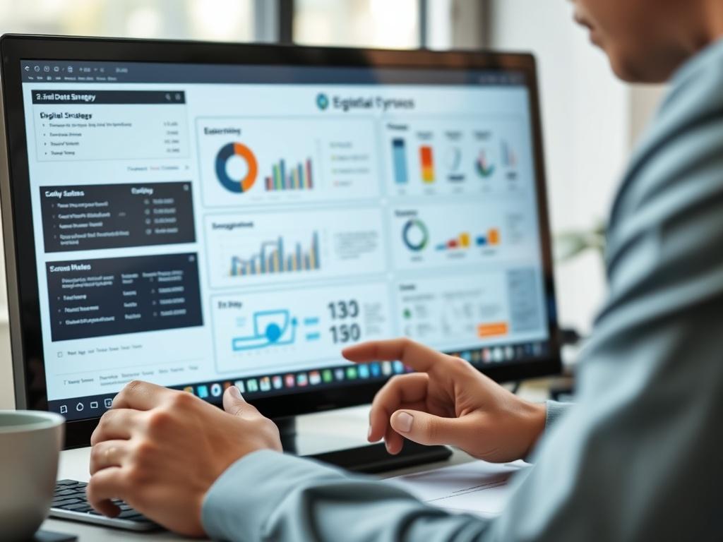 A close-up of an educational consultant working on a digital strategy plan, with charts and diagrams on a screen, showcasing enrollment process flow.