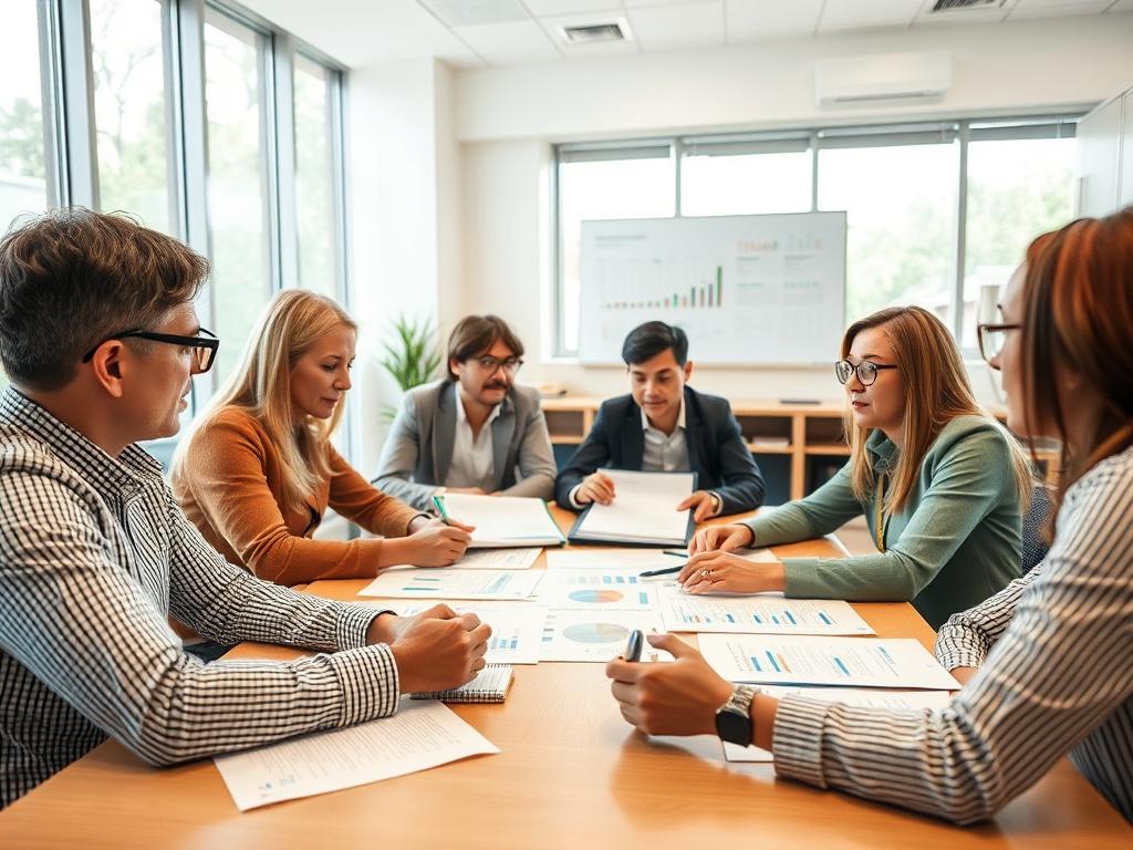 A group of school leaders engaged in a strategic planning session, discussing enrollment strategies, with charts and documents on the table, bright and professional setting.