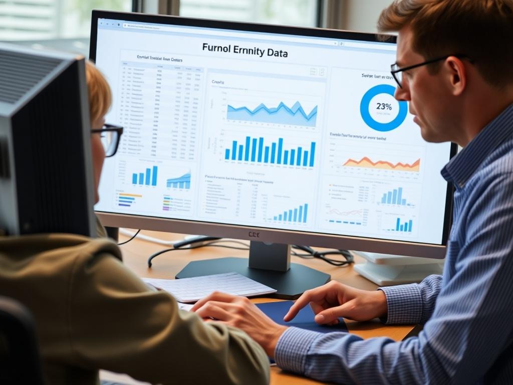 A school administrator analyzing enrollment data on a computer screen, with graphs and charts visible, focused and determined atmosphere.