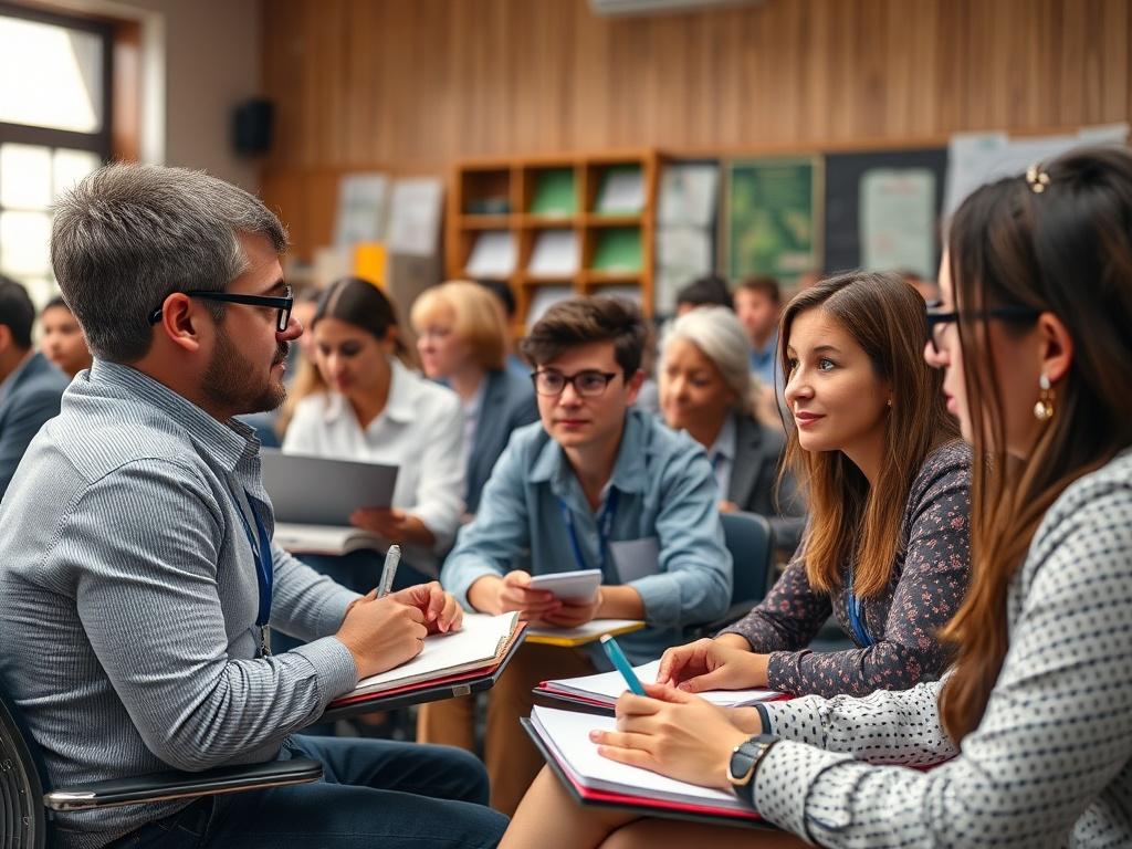 A dynamic training session with school staff engaged in a workshop, taking notes and participating in discussions, vibrant and interactive environment.