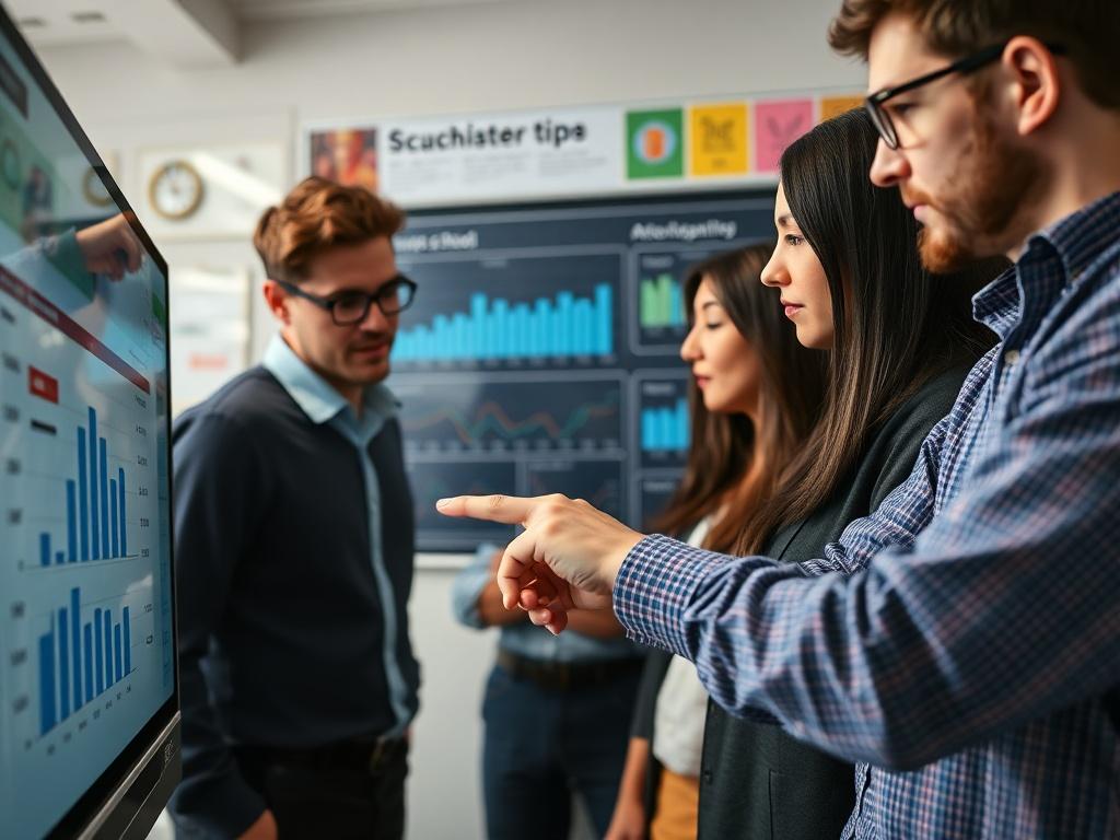 A close-up shot of a school team reviewing performance metrics on a digital dashboard. Team members are engaged in discussion, pointing at key data points. The background reflects a professional setting with educational posters and a sense of teamwork. The image should convey a dynamic and accountable atmosphere.
