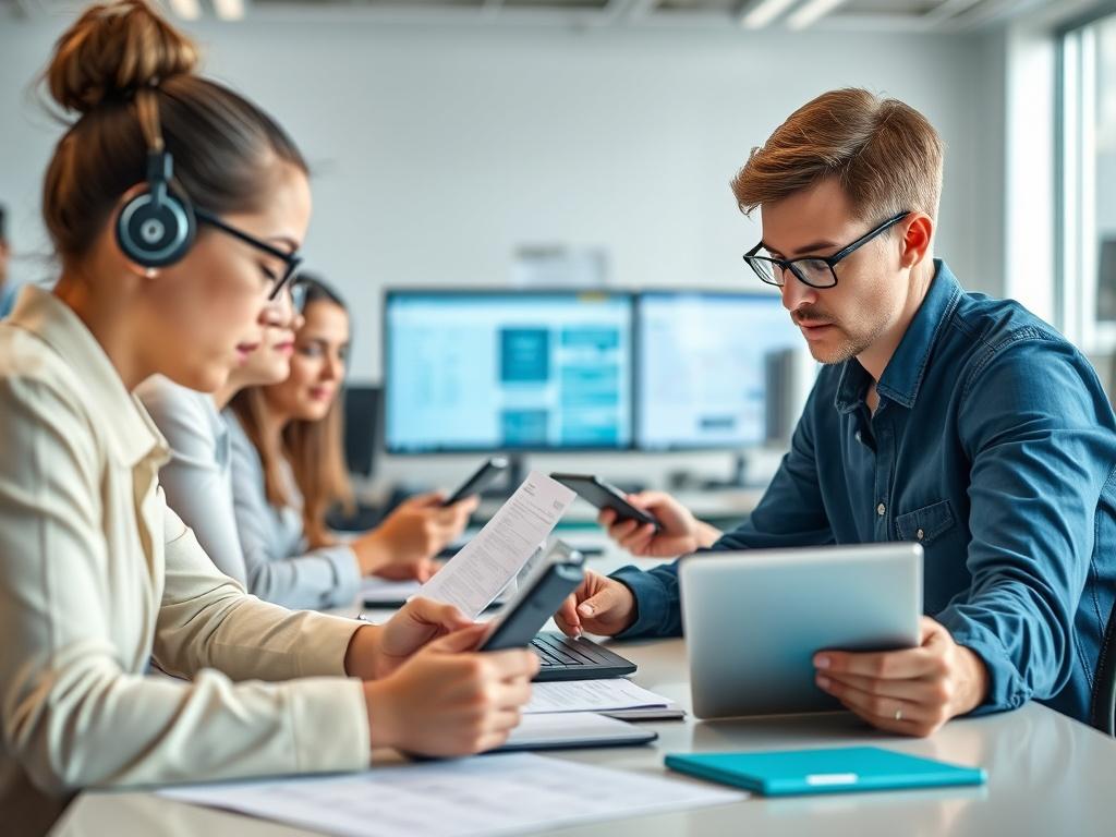 A hyper-realistic close-up of a school enrollment team working collaboratively at a desk, reviewing application forms and digital devices. The atmosphere is focused and organized, with enrollment data visible on screens. The image captures the essence of teamwork and the importance of a streamlined process in a bright, well-equipped office environment.
