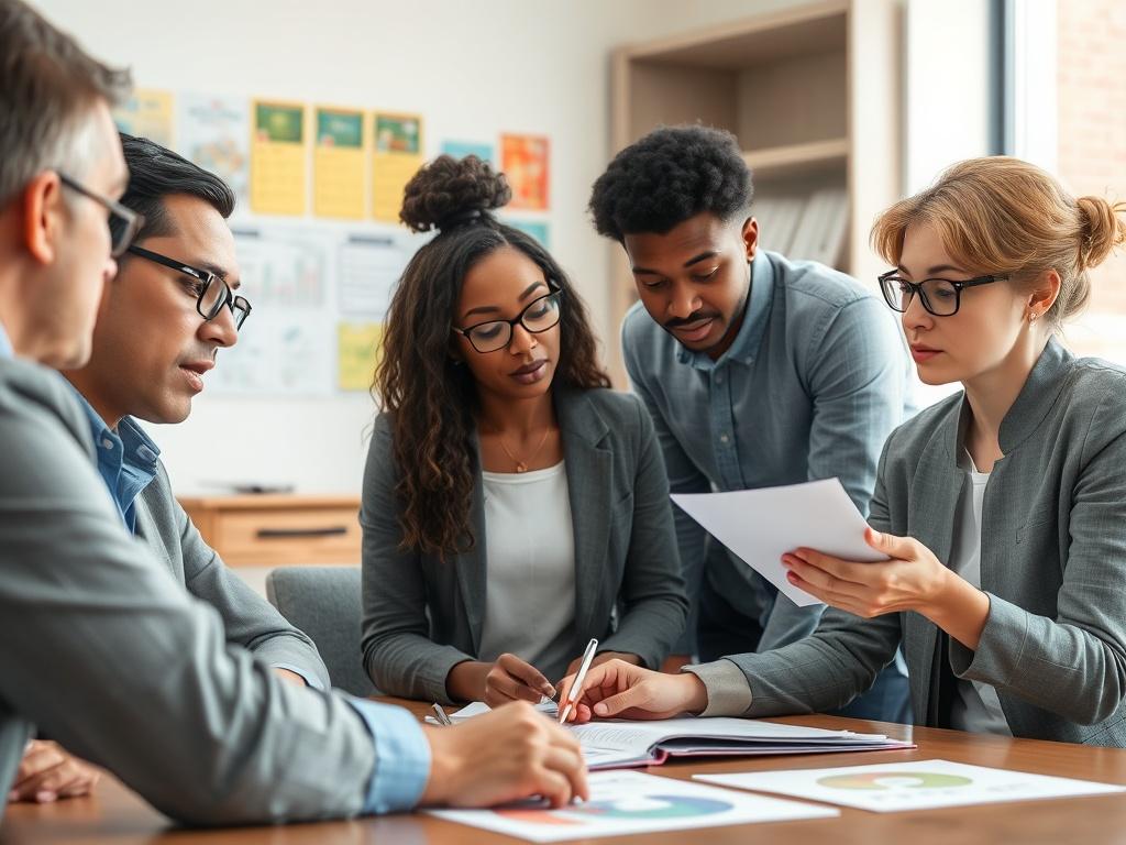 A close-up shot of a diverse group of school leaders engaged in a strategic planning meeting. They are discussing enrollment strategies with charts and graphs in front of them. The background is a well-lit conference room with educational materials on the walls. The image is captured in hyper-realistic detail, focusing on the expressions of collaboration and determination among the leaders.