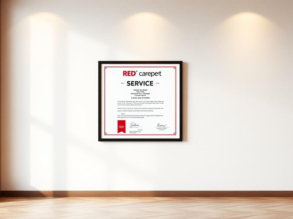 A realistic high-resolution photo of a RED carepert service certificate displayed on a clean, minimalistic wall. The certificate should be prominently framed, showcasing its details in a clear and visually appealing manner. The background should be soft and neutral-colored to emphasize the certificate, with minimal distractions. The lighting should be warm and inviting, highlighting the certificate's features.