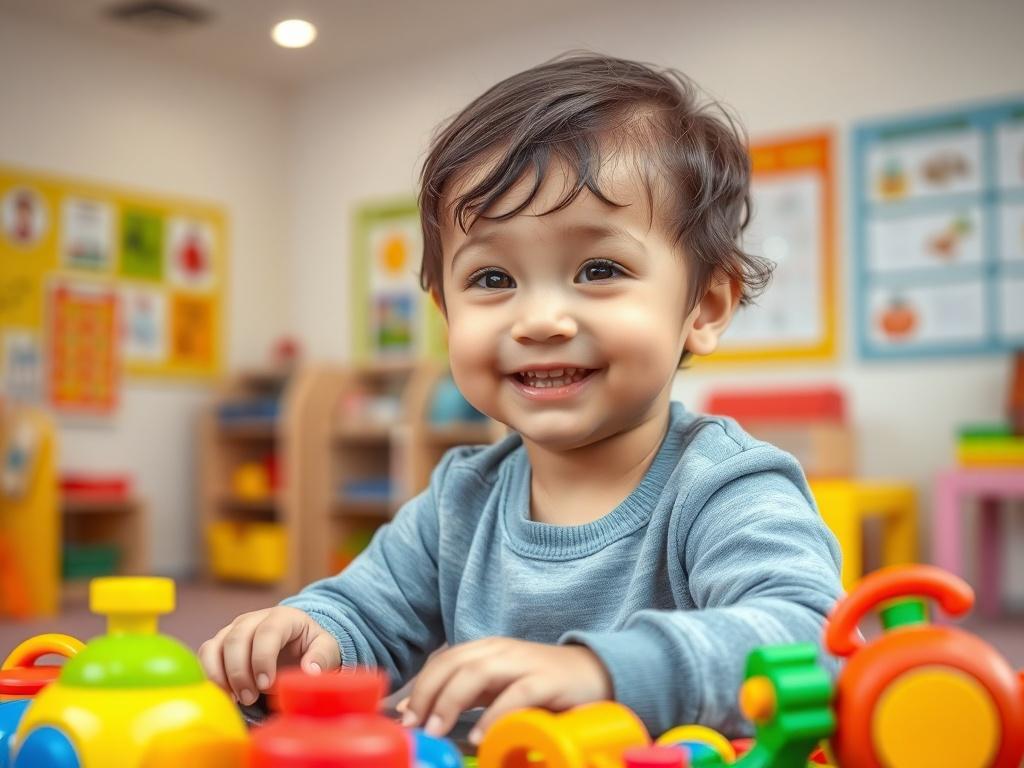 A hyper-realistic close-up shot of a joyful young child playing with colorful educational toys in an early learning center environment. The background features a bright and engaging classroom with soft lighting, vibrant colors, and educational posters. The child is focused and smiling, embodying the essence of early childhood learning. The image is shot with a 45mm f/1.2 lens to emphasize the child's expression and create a soft bokeh effect in the background.