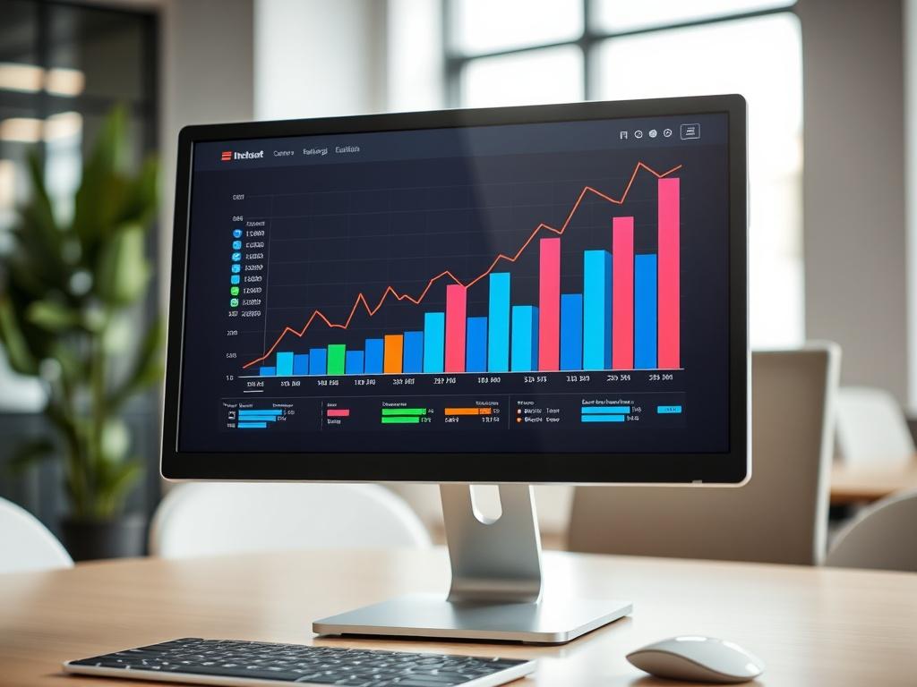 A realistic high-resolution close-up of a computer screen displaying a colorful graph showcasing an increase in school enrollment over time. The graph features upward trending lines with clear data points, vibrant colors, and a polished user interface. The background is a softly blurred office setting, emphasizing the screen as the main subject, with a focus on clarity and detail.