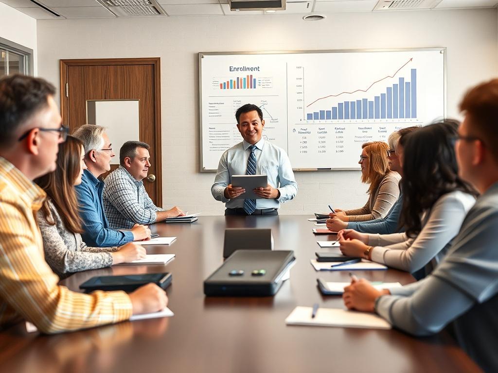 A school board meeting in a well-lit conference room, with a diverse group of school board members sitting around a large table. In the center, a representative from Enrollment Advantage stands confidently, presenting with a digital tablet in hand. The room features a large whiteboard with charts and graphs illustrating enrollment growth, while a few members are engaged in discussion. The atmosphere is collaborative and focused, highlighting the importance of strategic planning for K-12 enrollment.