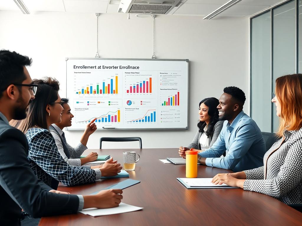 A busy and productive boardroom scene showcasing an ethnically diverse group of staff members engaged in a collaborative meeting. The room is filled with enthusiasm as they discuss enrollment strategies. On a whiteboard, there are colorful graphs and data points from Enrollment Advantage, illustrating the growth and success of their enrollment systems. The atmosphere is dynamic and focused, with team members actively sharing ideas and solutions.