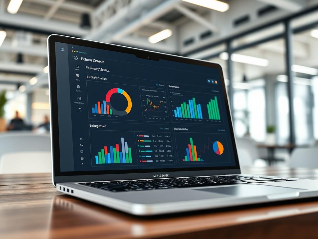 A close-up shot of a performance dashboard on a laptop screen, showcasing colorful charts and graphs related to enrollment metrics. The background is a modern office environment. Shot with a 45mm f/1.2 lens style.