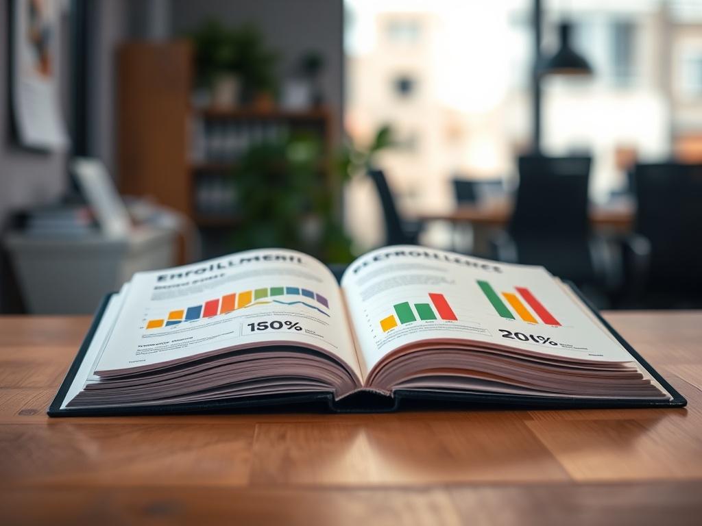 A high-resolution close-up shot of an open guidebook on a wooden desk, with a soft-focus background of an office space. The book features colorful graphs and charts, symbolizing enrollment strategies. Shot with a 45mm f/1.2 lens style.