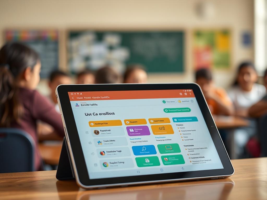 A realistic close-up of a digital tablet displaying a colorful enrollment toolkit interface. The background shows a blurred classroom setting, emphasizing educational themes. Shot with a 45mm f/1.2 lens style.