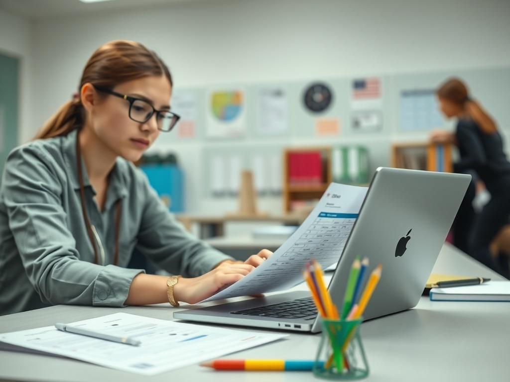 A close up shot of a school staff member working