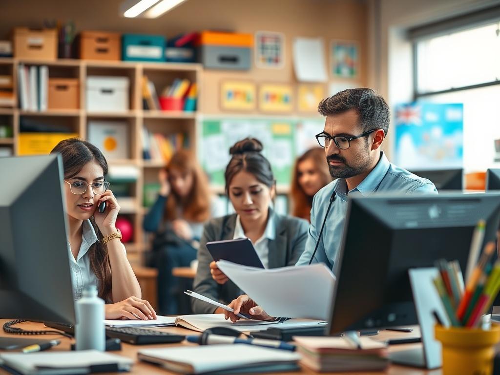 A busy and productive school administrative office scene, featuring a diverse group of school staff members engaged in various tasks. One person is on the phone, another is typing on a computer, and a third is reviewing documents. The background includes shelves filled with school supplies and posters on the walls, creating a vibrant and dynamic atmosphere. The lighting is warm and inviting, emphasizing the collaborative work environment.