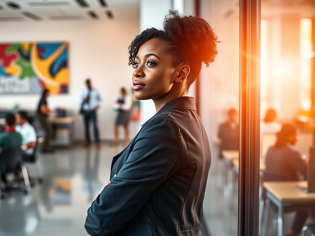 **Prompt for AI Image Generation:**

Create a realistic, high-resolution photo that encapsulates the theme "Maximizing Enrollment Growth through Leadership Strategy." The composition should feature a single, confident leader standing in a modern office or school environment. The leader, an African American woman in business attire, gazes thoughtfully out of a large window, symbolizing vision and forward-thinking. Her posture is upright, exuding authority and inspiration.

In the background, showcase a blurr