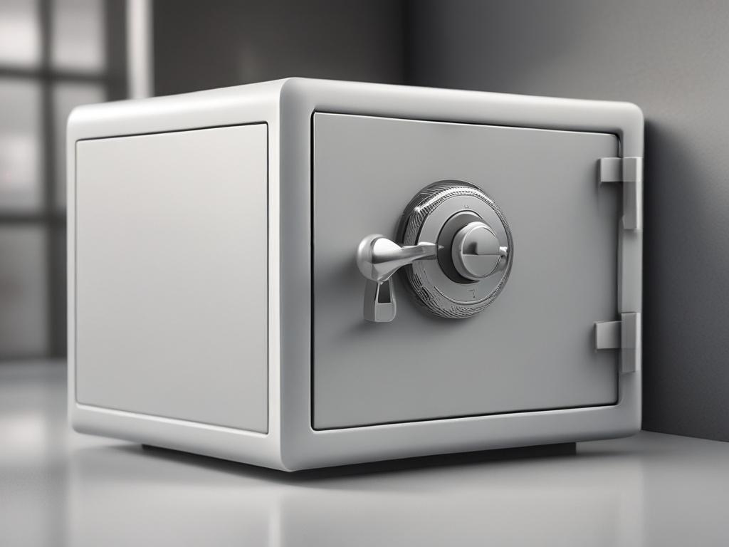 A hyper-realistic close-up shot of a safe with a modern design, slightly open to reveal secure documents and a digital lock, set against a blurred background of a professional office setting. The focus is sharp on the safe, showcasing its intricate details and textures, while the RGB color scheme includes shades of green for a sense of security and trust.