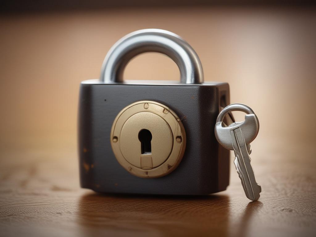 A close-up shot of a secure lock on a wooden desk, symbolizing trust and security. The background is softly blurred to emphasize the lock, with warm lighting highlighting the texture of the wood. The image should convey a sense of safety and professionalism, reflecting the themes of data protection and privacy.