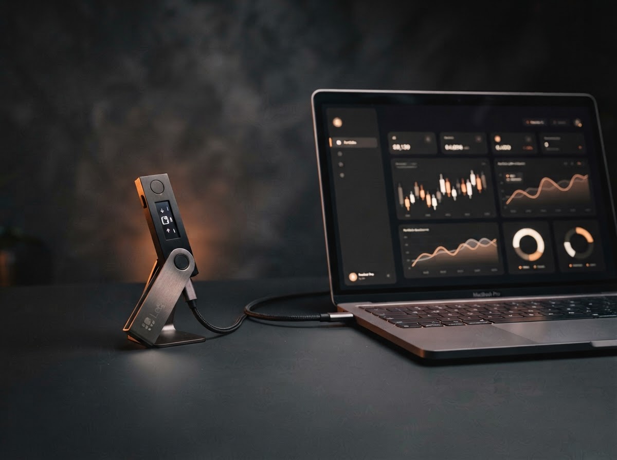 Trezor hardware wallet beside a desktop crypto portfolio
