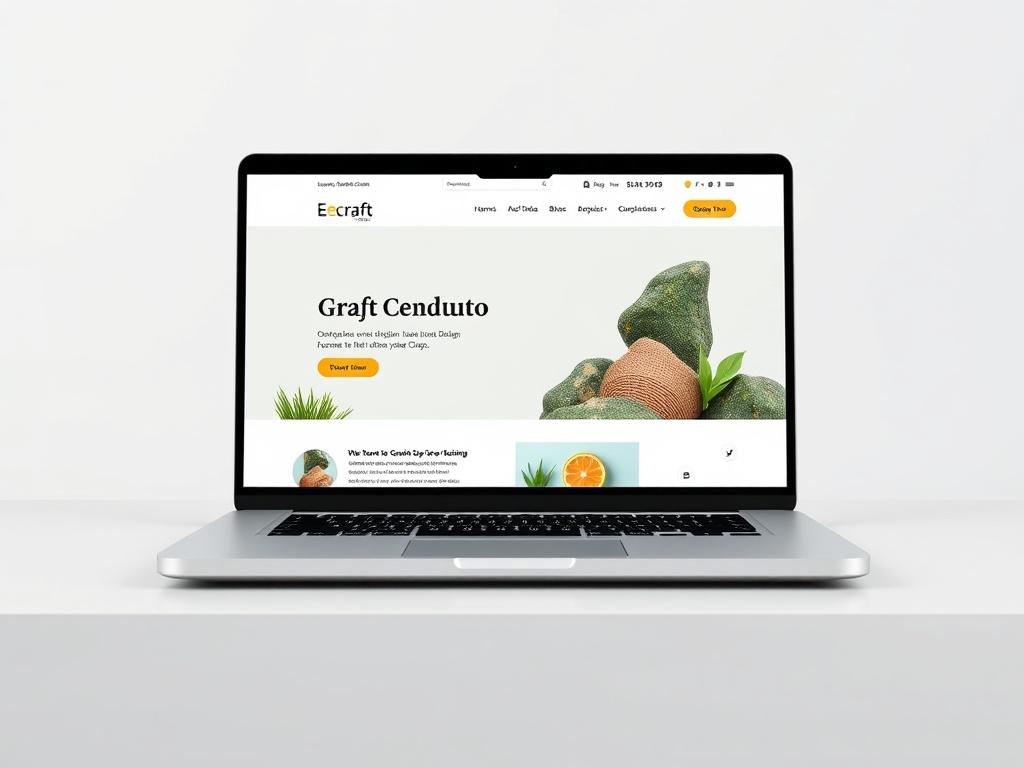 A high-resolution photo of a laptop displaying the EcoCraft Studio website, featuring a clean layout with nature-inspired colors. The background is minimal, emphasizing the website design on the screen.