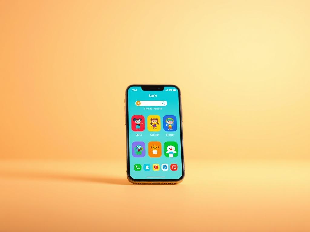 A realistic high-resolution photo of a mobile phone displaying the BrightLearn app interface, featuring playful colors and child-friendly illustrations. The background is minimalistic with soft, warm tones, focusing on the phone and its vibrant screen.