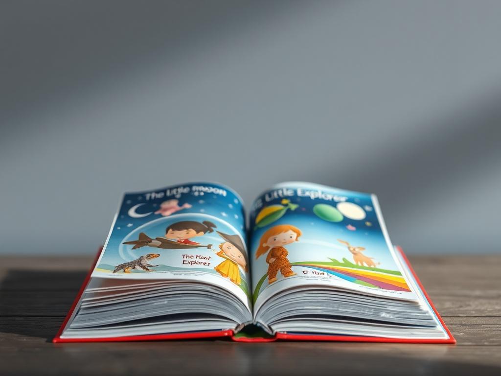 A high-resolution photo of a colorful children's book opened to display vibrant illustrations from 'The Little Moon Explorer.' The background is softly blurred to keep the focus on the book's artwork.