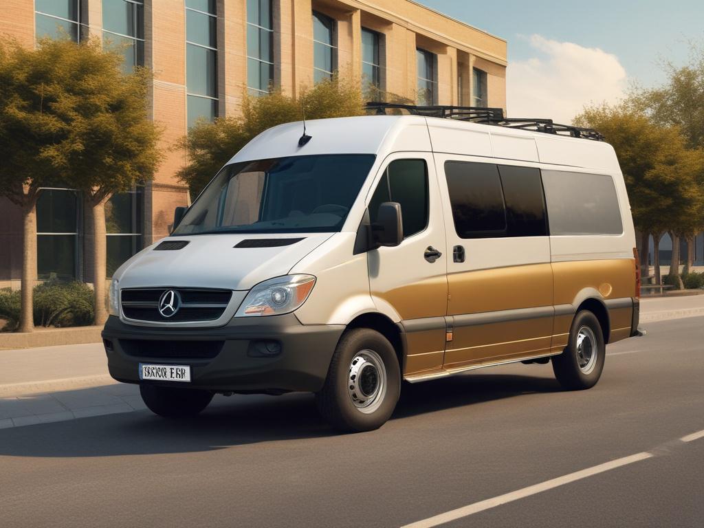 a clean, comfortable NEMT van with a wheelchair lift parked outside a medical facility, soft golden lighting, serene atmosphere, focus on the van with clear blue sky background