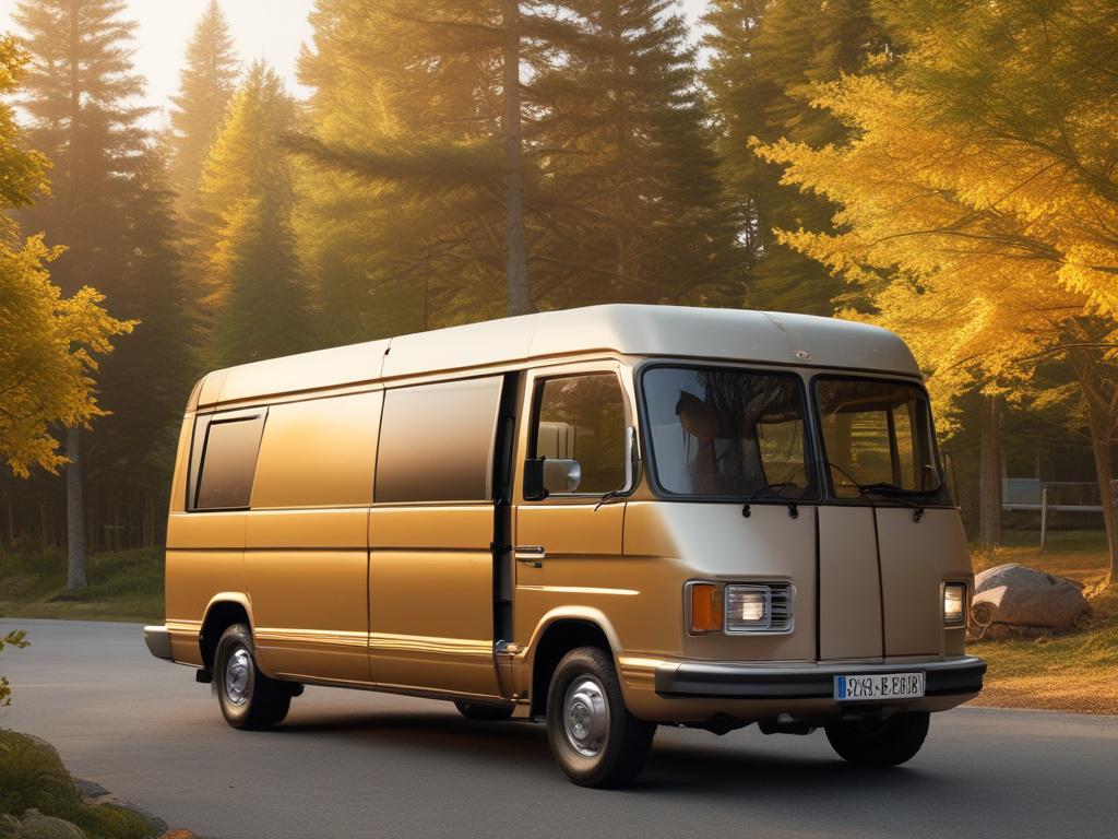 A clean and spacious NEMT van with wheelchair lift, parked in a serene setting, soft golden light illuminating the vehicle, surrounded by a peaceful environment, focusing on the accessibility feature.