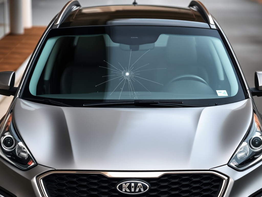 Kia windshield with chip and crack damage that needs repair