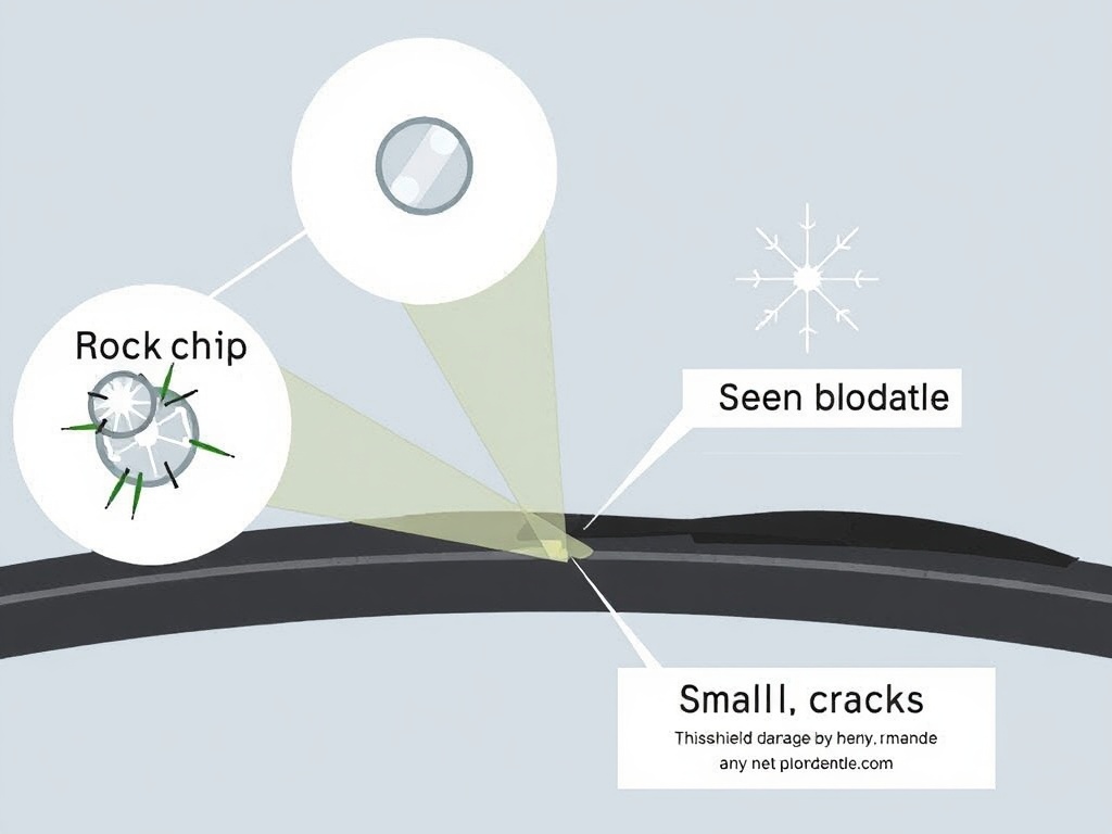 Different types of windshield damage: rock chip, bullseye, star break, and cracks