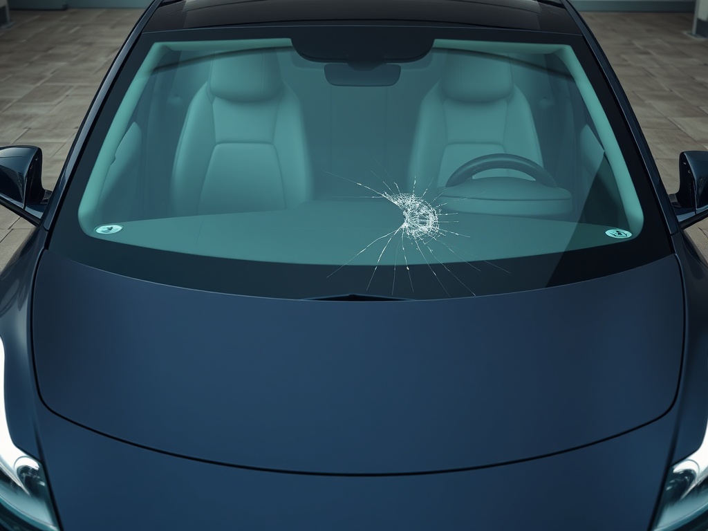 Tesla windshield with chip and crack damage that needs repair