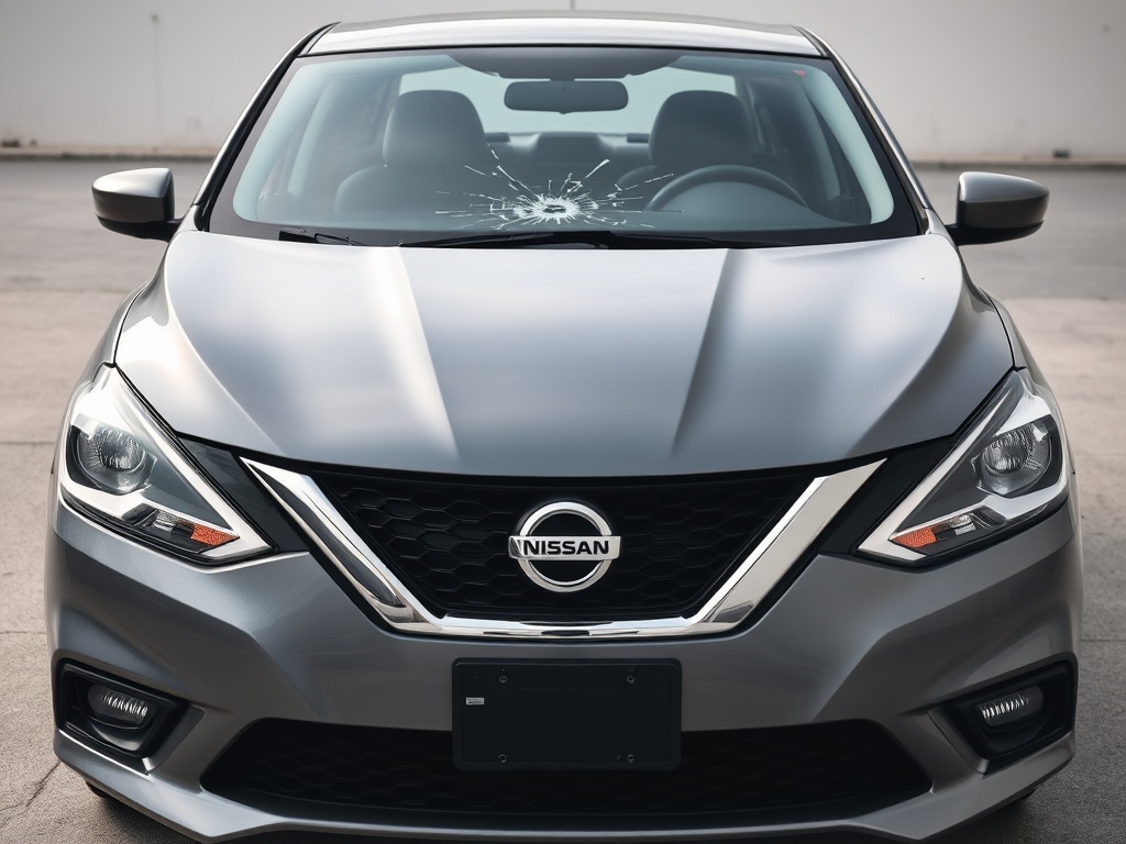 Nissan Sentra windshield with chip and crack damage that needs repair