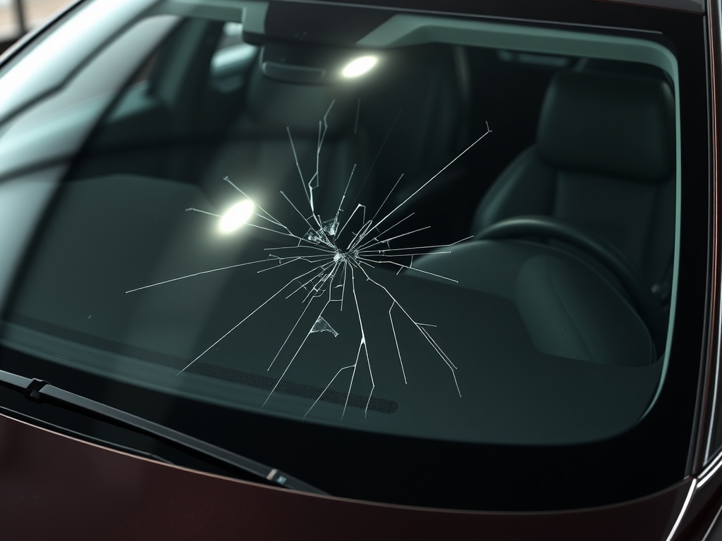 Tesla Model S windshield with chip and crack damage that needs repair