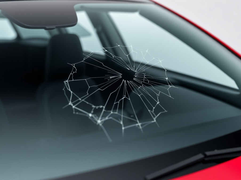 Tesla Model Y windshield with chip and crack damage that needs repair
