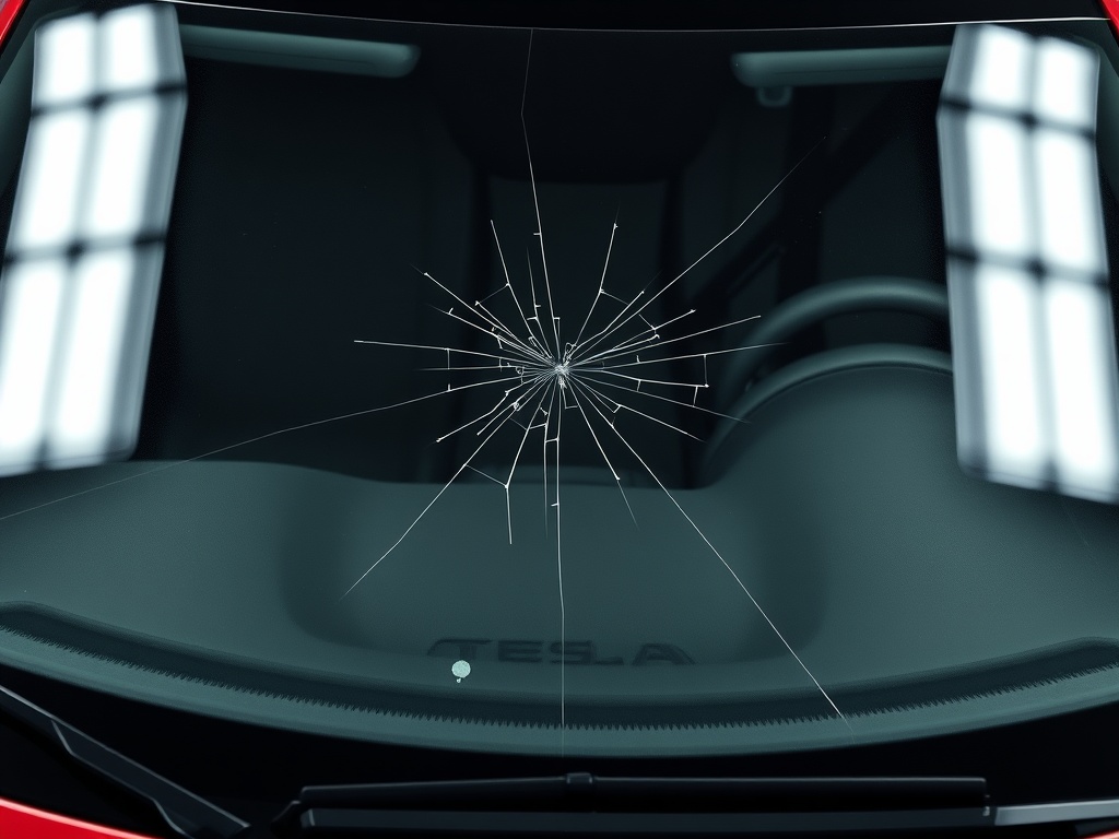 Tesla Model 3 windshield with chip and crack damage that needs repair