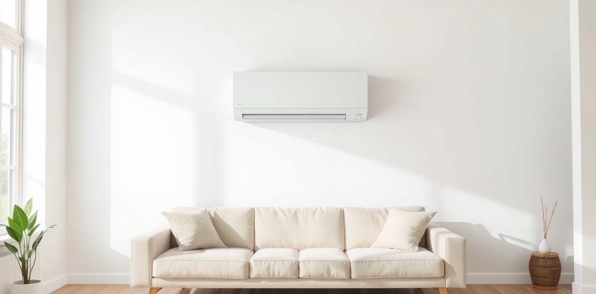 Modern living room with wall-mounted air conditioning unit