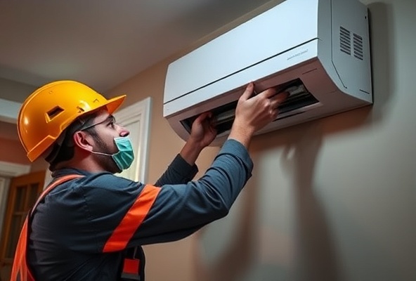 Professional technician installing air conditioning unit