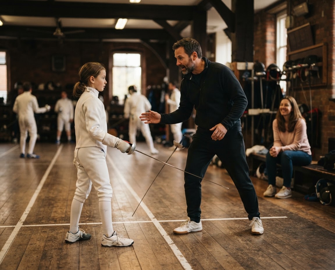 A fencing coach guiding a beginner student through a lesson