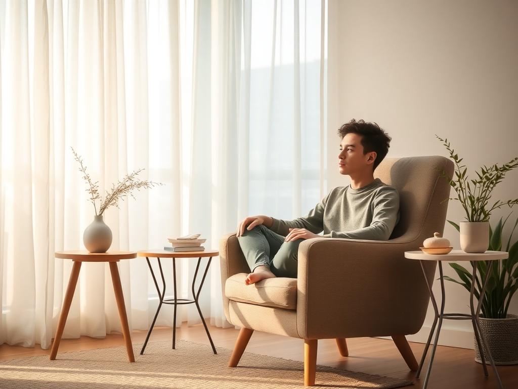 A serene and peaceful counselling room with soft lighting, featuring a comfortable armchair and a small table with calming decor. The background shows a window with soft curtains, allowing gentle natural light to illuminate the space. There should be a single person, a young adult, sitting in the armchair, looking contemplative yet relaxed, as they engage in self-reflection. The color palette should include soft greens and earth tones to enhance a soothing atmosphere.