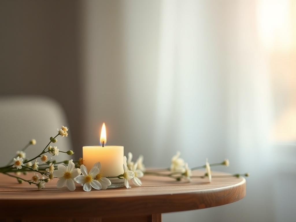 A serene and calming scene featuring a single, soft-lit candle on a simple wooden table, surrounded by delicate flowers. The background is softly blurred, evoking a peaceful atmosphere that conveys warmth and compassion. The color palette should reflect gentle tones, with a hint of the rgb(50, 170, 39) primary color subtly integrated into the flowers, creating a comforting and inviting space.