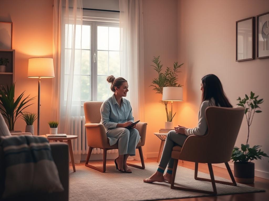 A serene scene depicting a single therapist sitting in a cozy, softly lit room, providing support to a client. The room features warm, inviting colors and comfortable furniture, with a window showing gentle natural light filtering in. A single chair is occupied by the therapist, while the client is positioned slightly off to the side, engaged in conversation. The atmosphere conveys calmness and understanding, emphasizing the importance of connection and mental health support.