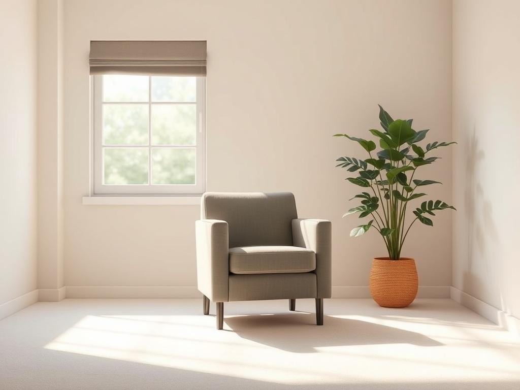 A calm, serene counseling room with soft lighting and gentle colors. A single comfortable armchair is positioned facing a window that allows natural light to filter in. In the background, a potted plant adds a touch of nature, creating a peaceful atmosphere. The room is devoid of any harsh lines or distractions, emphasizing tranquility and safety.