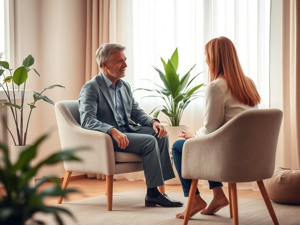 A serene counselling session in a softly lit room, featuring