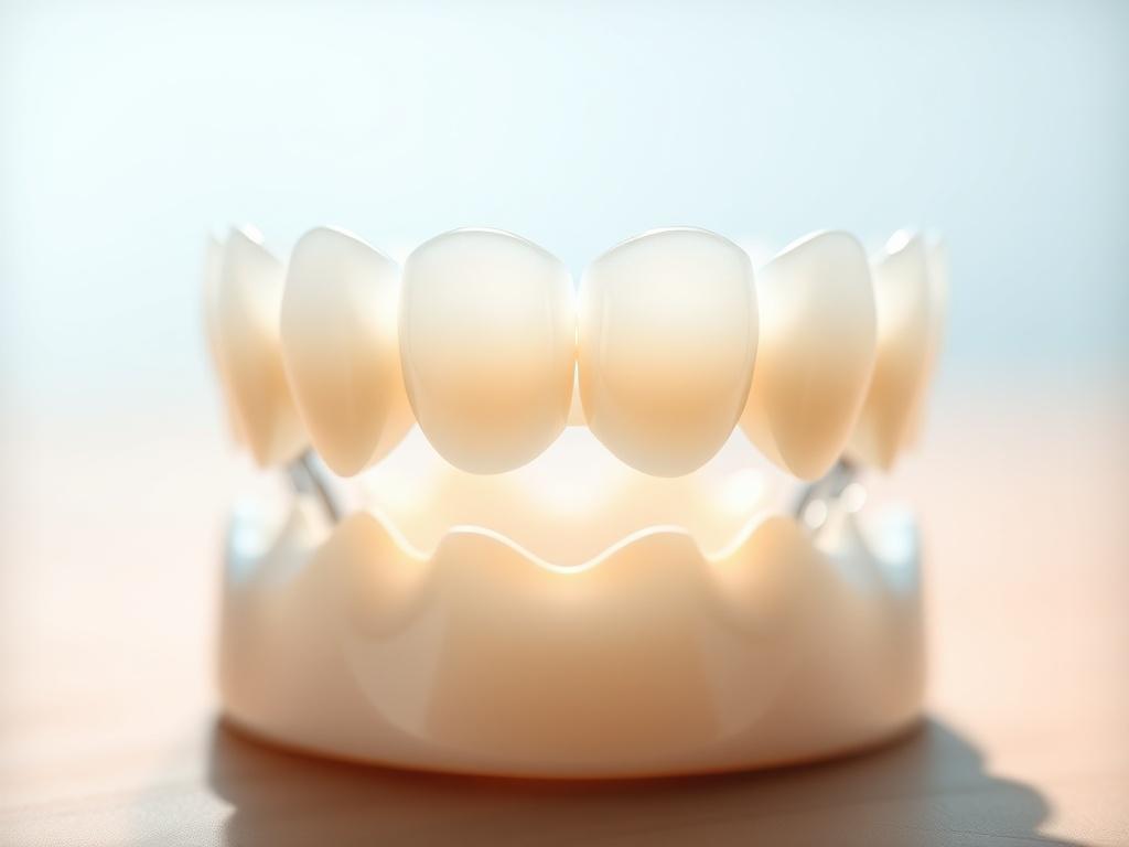 A close-up of a meticulously designed dental crown, showcasing its smooth surface and natural color gradient. The crown should be elegantly displayed against a softly blurred background to draw attention to its craftsmanship. Bright, natural light should enhance the crown's shine, emphasizing its realistic appearance.