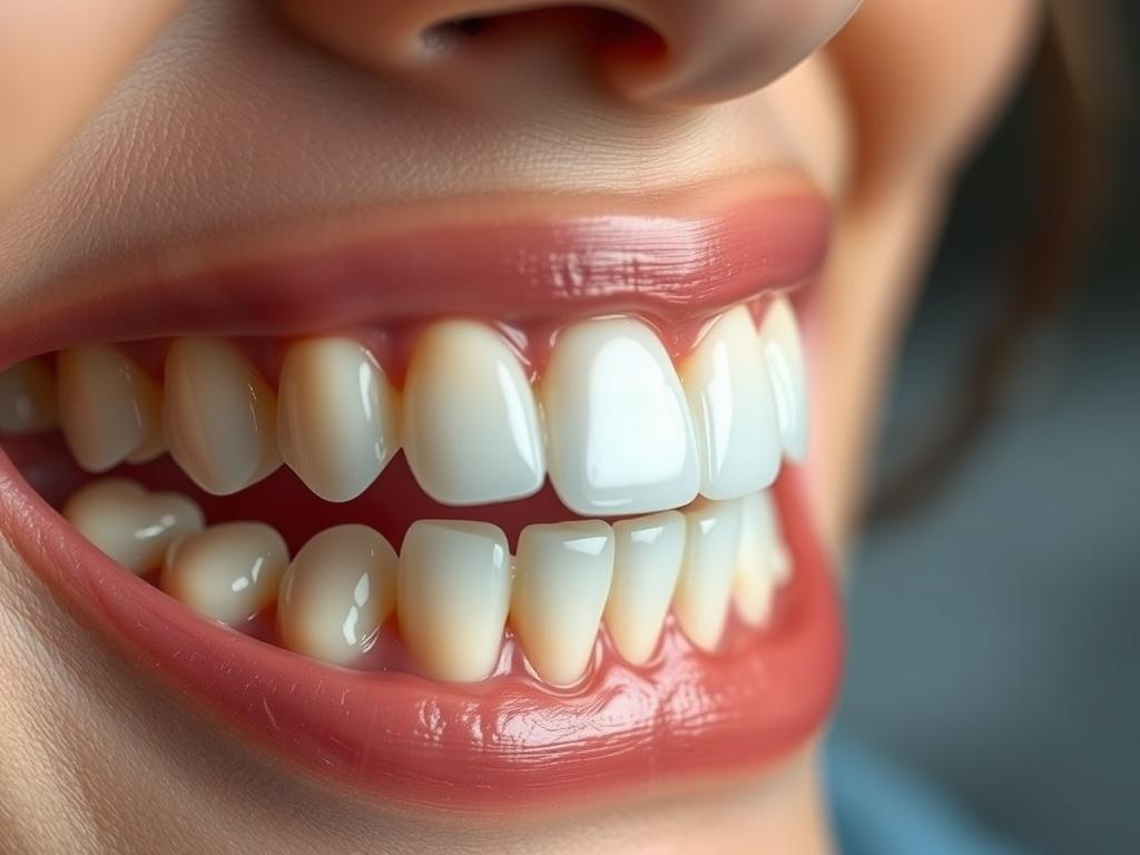 A close-up view of an All-on-X dental restoration, highlighting the seamless integration of prosthetic teeth. The restoration should be displayed prominently against a softly blurred background, showcasing its natural appearance. Use bright lighting to emphasize the detail and texture of the prosthetics.