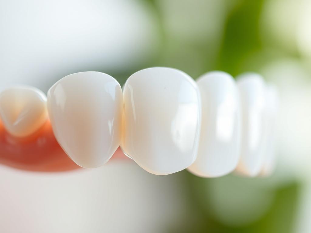 A close-up of a beautifully crafted dental veneer, showcasing its natural translucency and texture. The focus should be on the veneer positioned against a blurred soft-focus background, highlighting its realistic aesthetic. The lighting should be bright and inviting, emphasizing the veneer’s shine and detail.