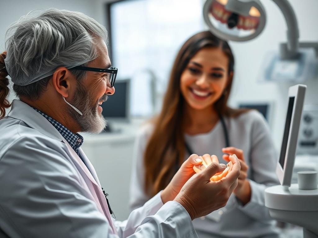 A high-resolution close-up of a friendly dental lab technician engaging in a conversation with a dentist over a dental restoration project. The image should capture the warmth and professionalism of the interaction, with a soft-focus background that highlights the collaborative spirit of VM Lab Technologies.