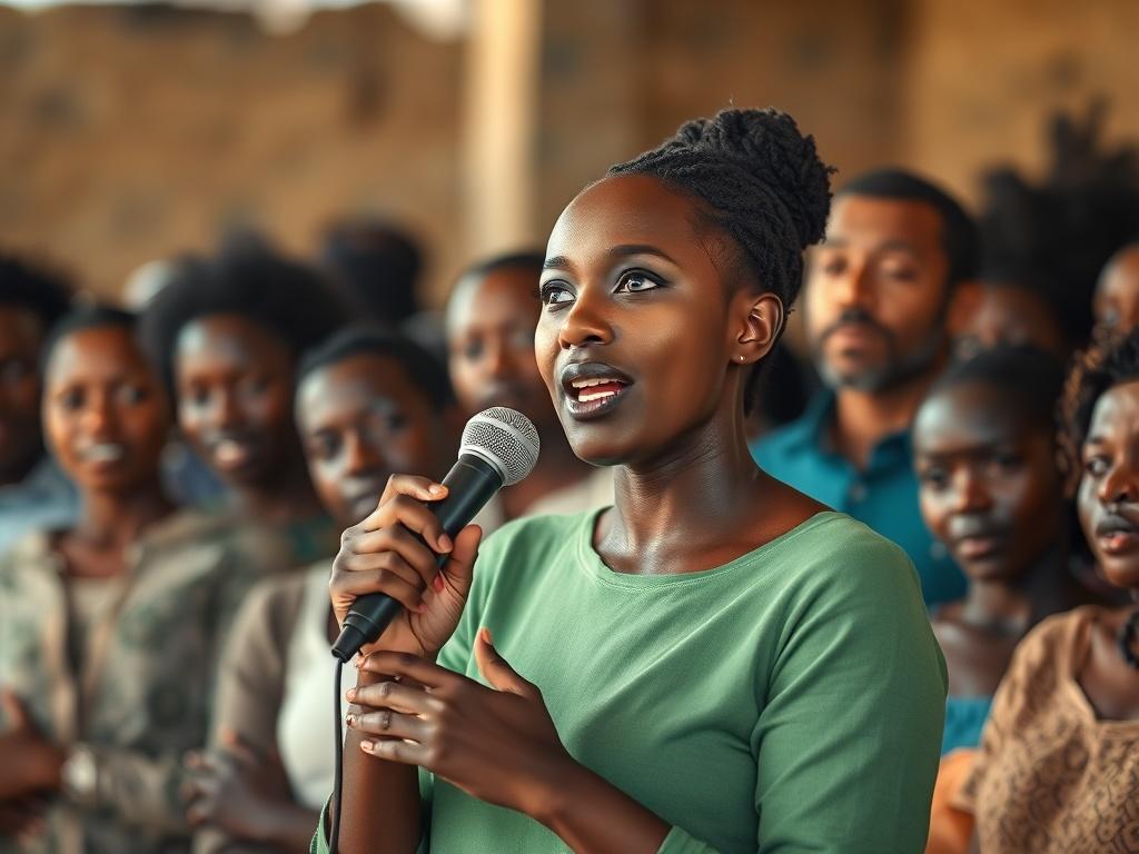 A young African woman passionately speaking into a microphone at