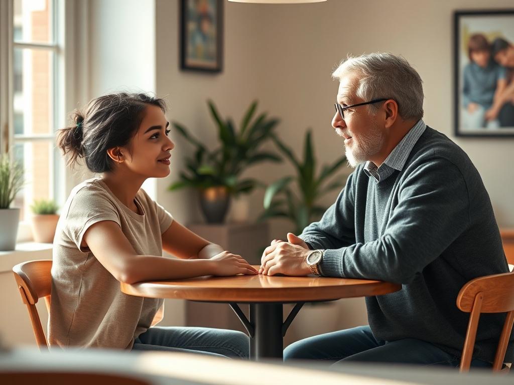 **AI Image Generation Prompt:**

Create a realistic high-resolution image that captures the essence of the blog titled "Empowering Youth Through Mentorship." The composition should feature a young person, approximately 18-24 years old, seated at a table in a well-lit room, engaged in a conversation with a mentor. The young person should exhibit a look of inspiration and determination, while the mentor, slightly older, should demonstrate an encouraging and supportive demeanor. 

The background should depict 